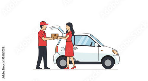 A male delivery driver is handing a package to a female customer by her car with an open trunk.