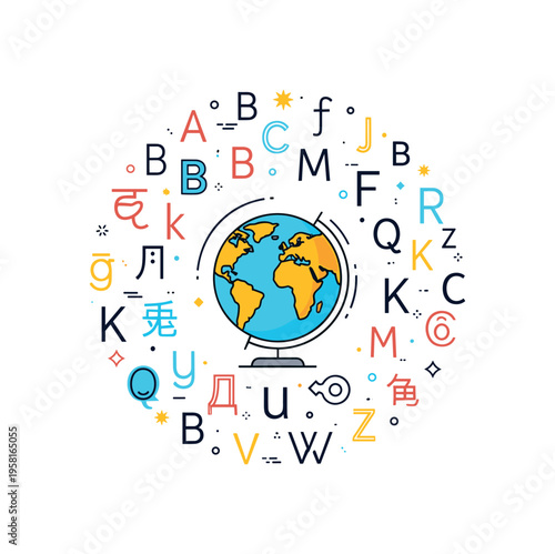 World alphabet concept circular arrangement of letters from different writing systems surrounding a small globe emphasizing the variety of languages on the