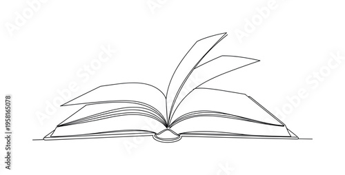 Book with Curved Pages. Minimalistic one-line drawing open book with slightly curved pages showing natural shape, continuous single black line on white