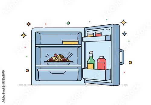 Quick kitchen check showing a refrigerator door open with a small plate of leftover pasta waiting on the shelf. Friendly everyday scene suggesting an easy