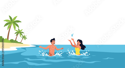 A man and a woman are happily splashing water at each other in the ocean near a tropical beach with palm trees.