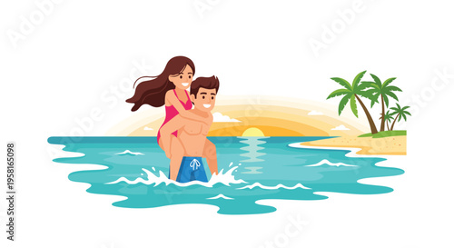 A man is giving a woman a piggyback ride in the ocean near a tropical beach during sunset.