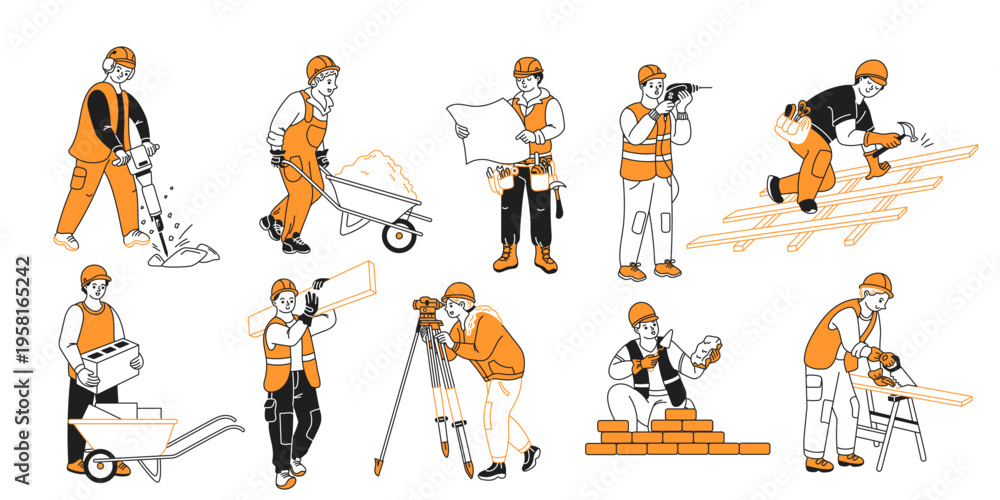 Fototapeta premium Illustrations of diverse construction workers performing various tasks. Each worker is depicted with tools against a plain white background, showcasing teamwork and skill.
