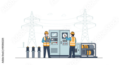 Two male engineers in hard hats and safety vests inspect electrical equipment and a control panel with power transmission towers in the background.