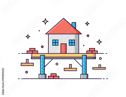 Foundation house under construction with visible foundation and support beams representing strong base, durability, and architectural planning. Decorative