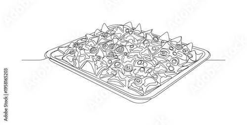 Party Nacho Tray. Minimalistic one-line drawing large tray of nachos prepared for a party snack, continuous single black line on white background, simple