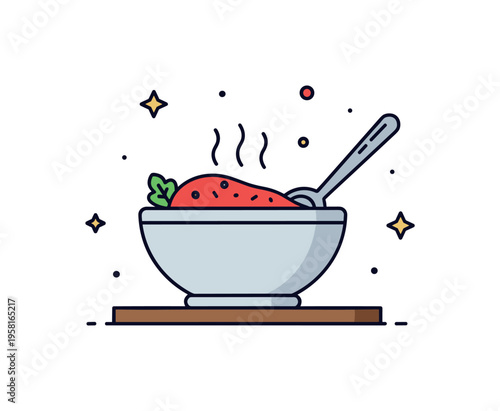 Chili in a bowl rustic kitchen dish with a steaming bowl placed on a simple table while a spoon rests along the rim. The inviting composition highlights hearty