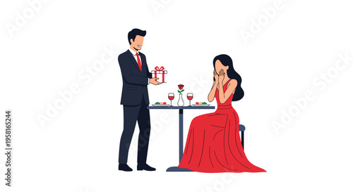 A smiling man in a dark suit presents a red gift box to a surprised woman in a long red dress seated at a white dinner table.