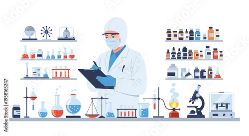 A scientist in a white hazmat suit writes on a clipboard amidst various laboratory equipment and shelves of bottles.