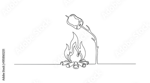 Campfire Treat. Minimalistic one-line drawing marshmallow on stick being roasted above flames, continuous single black line on white background, simple outline