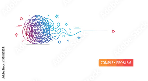 Complex problem visualization with a scribbled tangle of lines gradually transforming into a smooth straight path. The scene communicates problem solving,