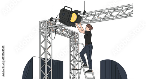 A female technician on a silver step ladder adjusts a black spotlight hanging from a metal truss structure with dark curtains in the background.
