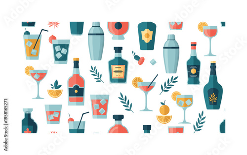 spirits and cocktails seamless pattern, bottles, mixers, cocktail shakers, glasses, ice cubes, citrus garnishes and herbs arranged in a repeating pattern,