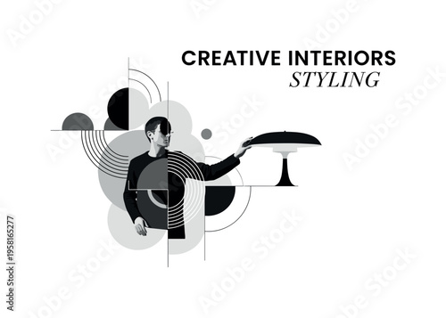 artist adjusting lamp placement, geometric circles lines and abstract shapes symbolizing creative interior styling, black and white retro realistic figure