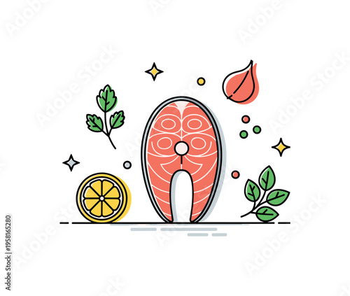 Salmon fillet kitchen ingredient illustrated with a fresh fish slice beside lemon and herb icons arranged in a simple cooking composition. The scene reflects