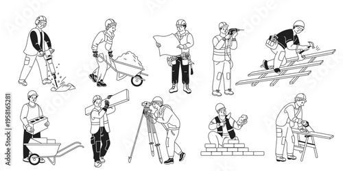 Illustration of various construction workers performing tasks. Includes drilling, hauling, surveying, and building. Depicted in monochrome style.