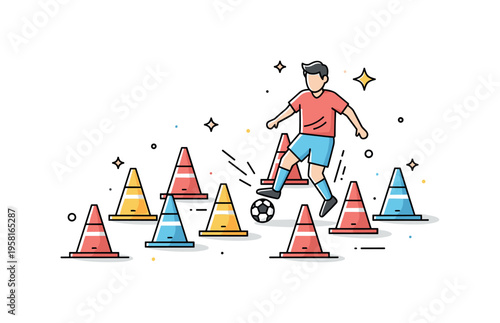 Dribbling challenge setup with a soccer player navigating through several cones arranged in a zigzag pattern. Small star accents highlight movement, control