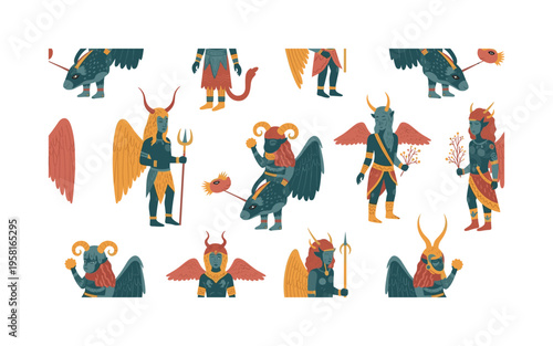 Ancient folklore hybrid creatures seamless pattern, beings with human bodies and animal features like horns wings and fur details arranged in a repeating