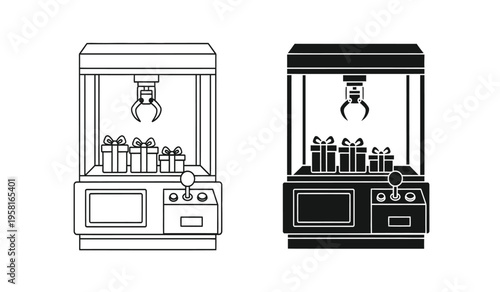 Silhouette of two classic claw machine silhouettes in black and white