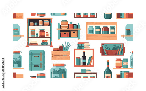 upcycled storage solutions seamless pattern, repeating pattern, surface design, textile print, modern illustration of shelves, jars, boxes, and organizers