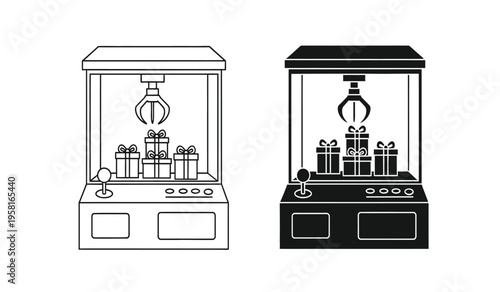 Silhouette of two classic claw machine cradles with prize dispensers