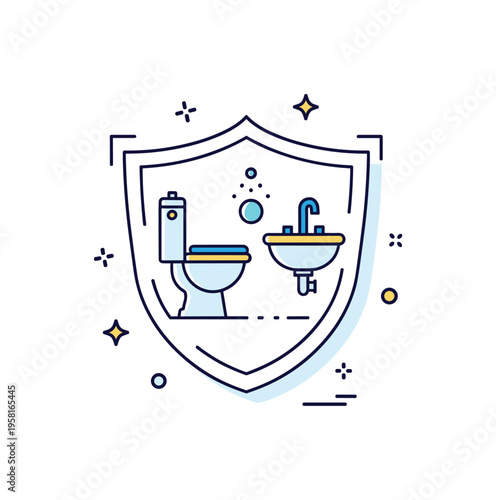 Sanitized restroom environment depicted by a toilet and sink icon framed within a subtle shield symbol, expressing protection and cleanliness standards. The