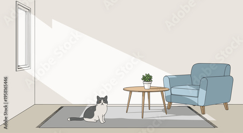 An illustrated bicolor cat with grey and white fur sits attentively on a grey rug in a sunlit room, positioned between a small round wooden table and a light blue armchair.