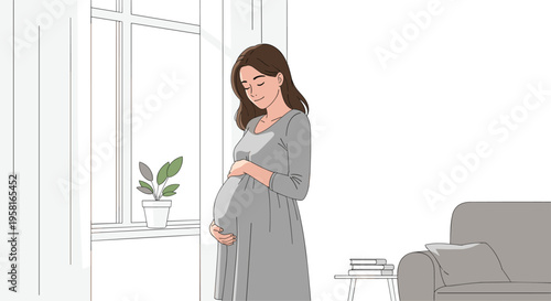 An illustrated pregnant woman with long brown hair, wearing a grey dress, stands by a large window, gently cradling her belly with both hands.