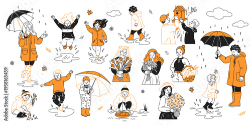 Children and adults in joyful moods engaging in autumn activities. Theyre under umbrellas, playing in puddles, and holding bouquets against a simple white background.