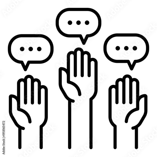 Democracy icon with raised hands and speech bubbles, symbolizing public voice, participation, and collective decision making