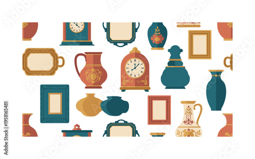 vintage collectible items seamless pattern, porcelain figurines, antique clocks, old vases, picture frames and ornate trays arranged in a repeating pattern,