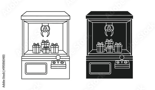 Silhouette of two claw machines with prizes and teddy bear inside