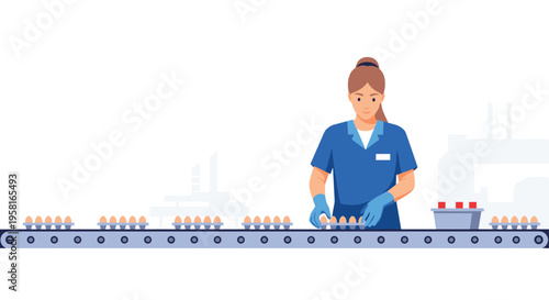 An illustrated female worker in a blue uniform and gloves places brown eggs into cardboard trays on a moving conveyor belt within an industrial egg packing facility.