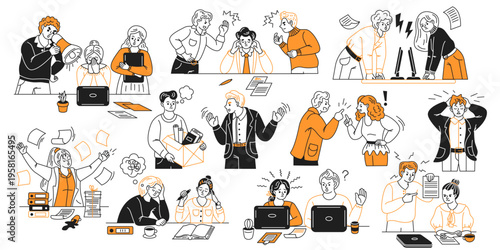 Illustration series of stressed office workers expressing frustration and confusion. Variety of characters showcasing common work issues. Minimalistic colors and style.
