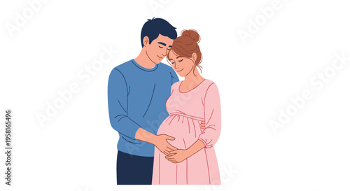 An illustrated pregnant woman in a pink dress is tenderly embraced by a man in a blue sweater, both cradling her belly against a white background.