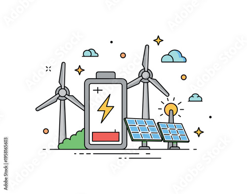 Battery storage at energy farm large simplified battery unit placed beside wind turbines and solar panels, lightning bolt icon indicating stored power. A clean