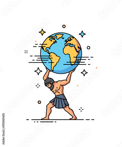 Atlas titan strength mythic figure lifting a large globe above his back while small star icons and motion lines emphasize the weight and effort of