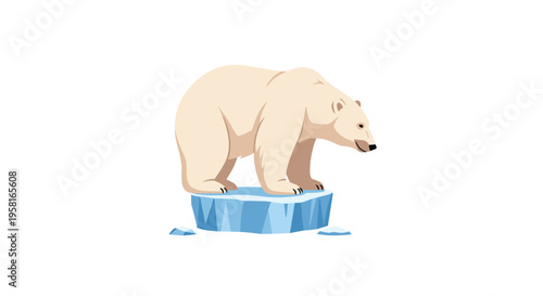 A solitary polar bear stands on a small, light blue ice floe against a plain white background.