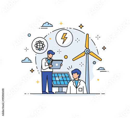 Clean energy innovation process a compact research scene where a scientist studies renewable energy symbols around a solar panel and wind turbine representing