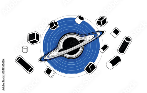 black and white black hole with swirling accretion disk, bold electric blue circle behind the vortex representing deep space gravity, thin spiral lines and