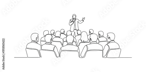 Audience Listening to Poet. Minimalistic one-line drawing group of people attentively listening to a poet reciting their work, continuous single black line on