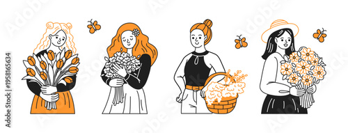 Four illustrated women cheerfully holding flowers. Each displays a unique flower arrangement with joyful expressions. Simple design against a minimalistic white background.