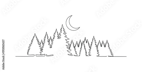 Moonlit Forest. Minimalistic one-line drawing silhouettes of trees in a shadowy forest with a crescent moon peeking through, continuous single black line on