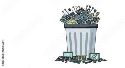 An overflowing gray trash bin is filled with various electronic waste components, with more scattered on the white floor.