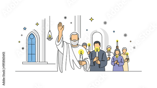 Saint Peter Blessing. Minimalistic one-line drawing Saint Peter raising hand in blessing gesture, continuous single black line on white background, simple