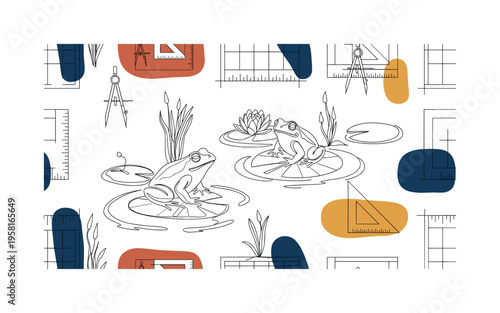 architectural drafting symbols seamless pattern, measurement arrows grids floor plan icons compasses and rulers arranged in a repeating pattern,