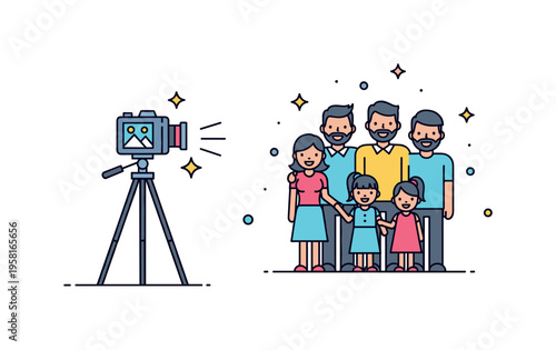 Family photo reunion moment camera on tripod capturing a group of smiling family members standing together while small star icons suggest a memorable snapshot.