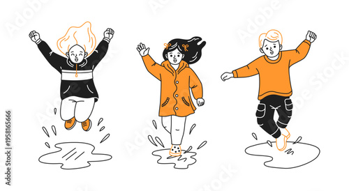 Three children happily jumping in puddles. Their expressions are joyful and animated. The scene is depicted in a minimalist cartoon style with a white background.