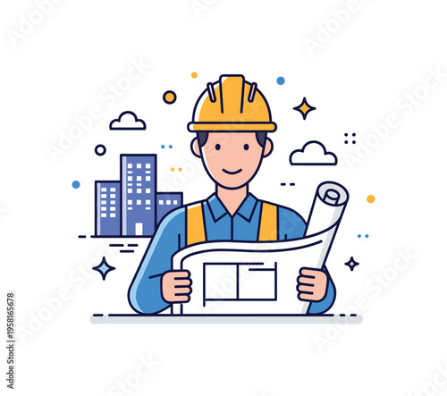 Construction blue collar worker shown wearing a hard hat and holding a rolled blueprint, with a small building silhouette in the background to