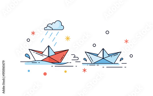 Rainy day paper boat race with a small folded boat drifting through a puddle while a second boat follows behind. Gentle nostalgic scene celebrating classic